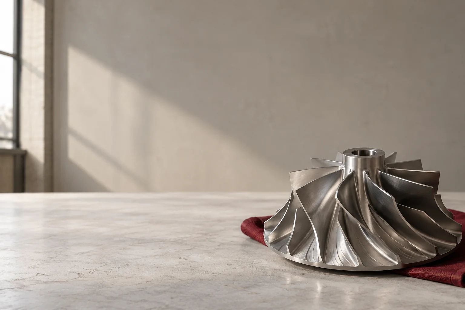 A machined steel impeller rests on a burgundy cloth in a quiet workshop.