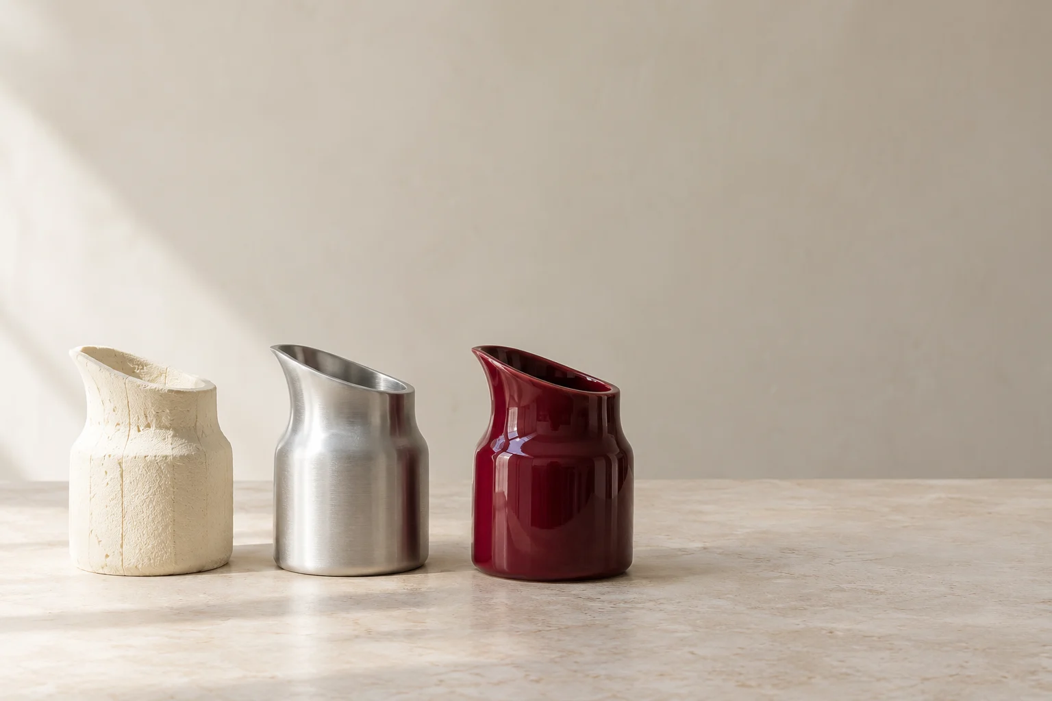 Three stages of a product prototype in foam, metal and burgundy ceramic.