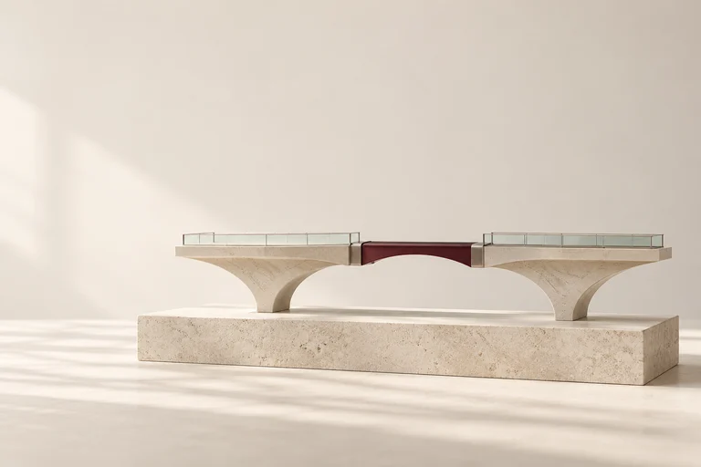 A burgundy central span connects two aligned stone bridge segments.