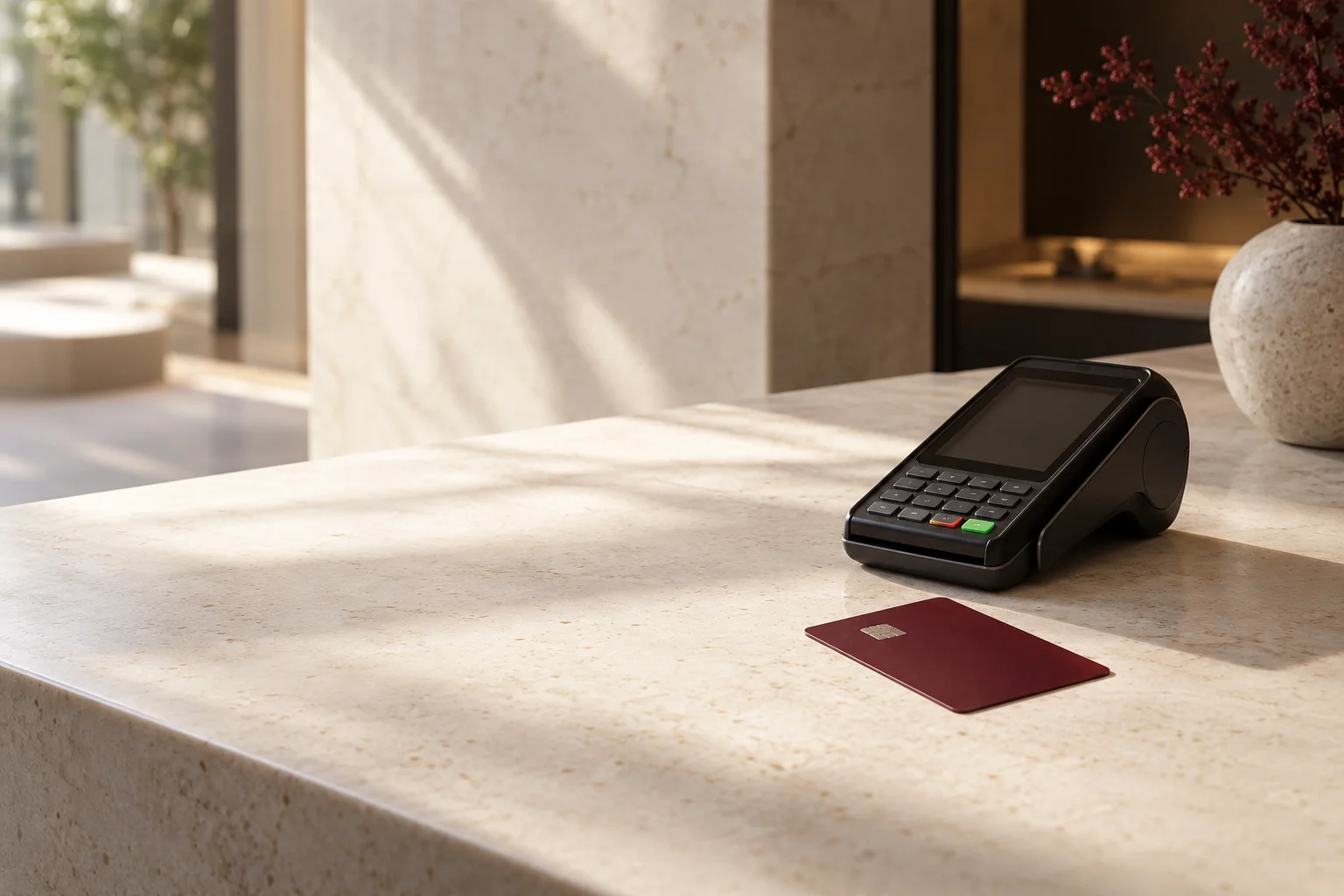 A real unbranded compact payment terminal turned slightly away with its screen dark beside a single burgundy blank payment card on a broad pale counter, no digits.
