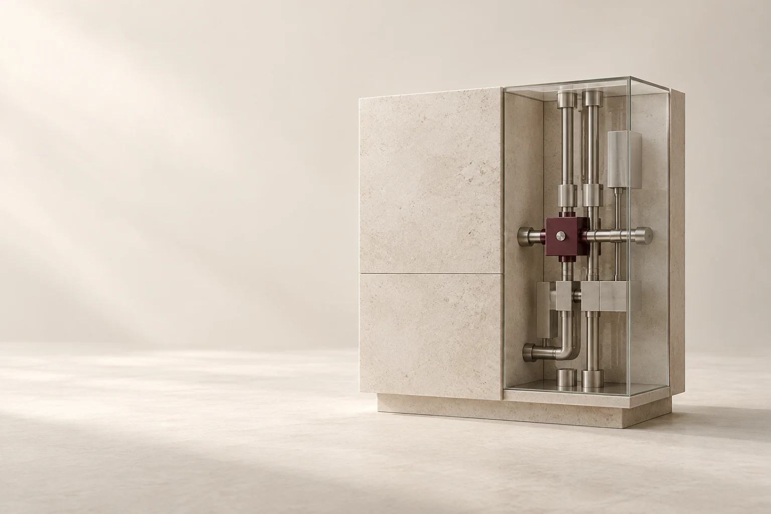 An open glass-sided stone cabinet reveals metal connections and a burgundy junction.