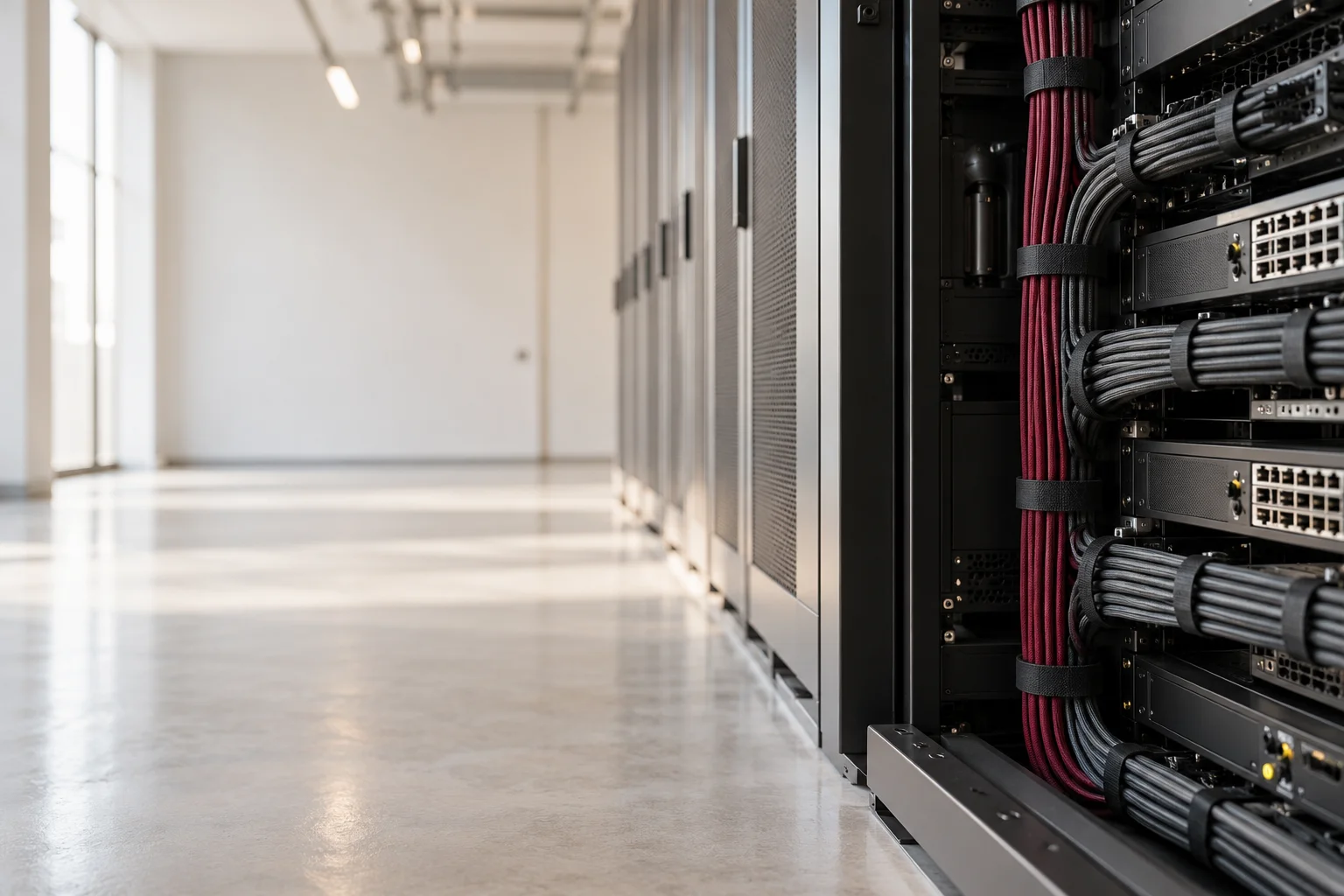 One carefully managed server cabinet edge with neatly routed graphite cables and a subtle burgundy cable sleeve in a pale clean data-center aisle, generous quiet floor and wall.