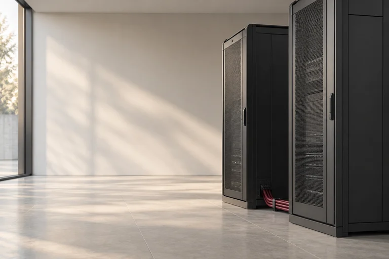 Modern enterprise computing cabinets in a pale hall, connected by a discreet burgundy conduit.
