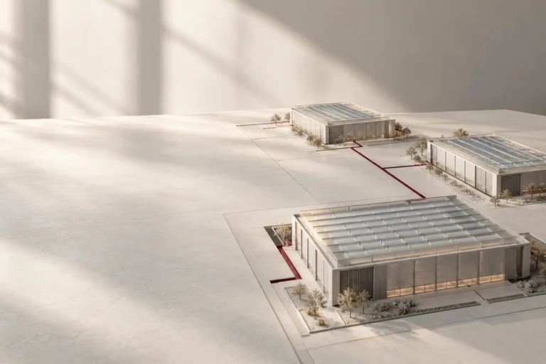 Three data-center building models connected by a burgundy route on a pale architectural model.