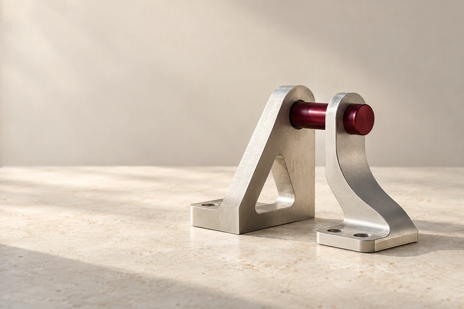 Two different aluminum brackets joined by a burgundy precision pin.