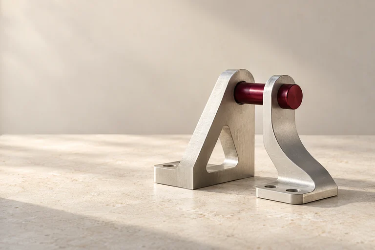 Two different aluminum brackets joined by a burgundy precision pin.