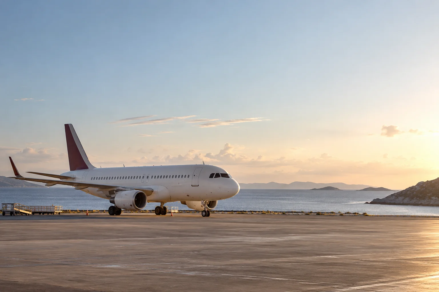 An unbranded white narrow-body charter aircraft with a small burgundy tail detail on a quiet coastal airport apron, distant soft sea horizon and vast calm sky.