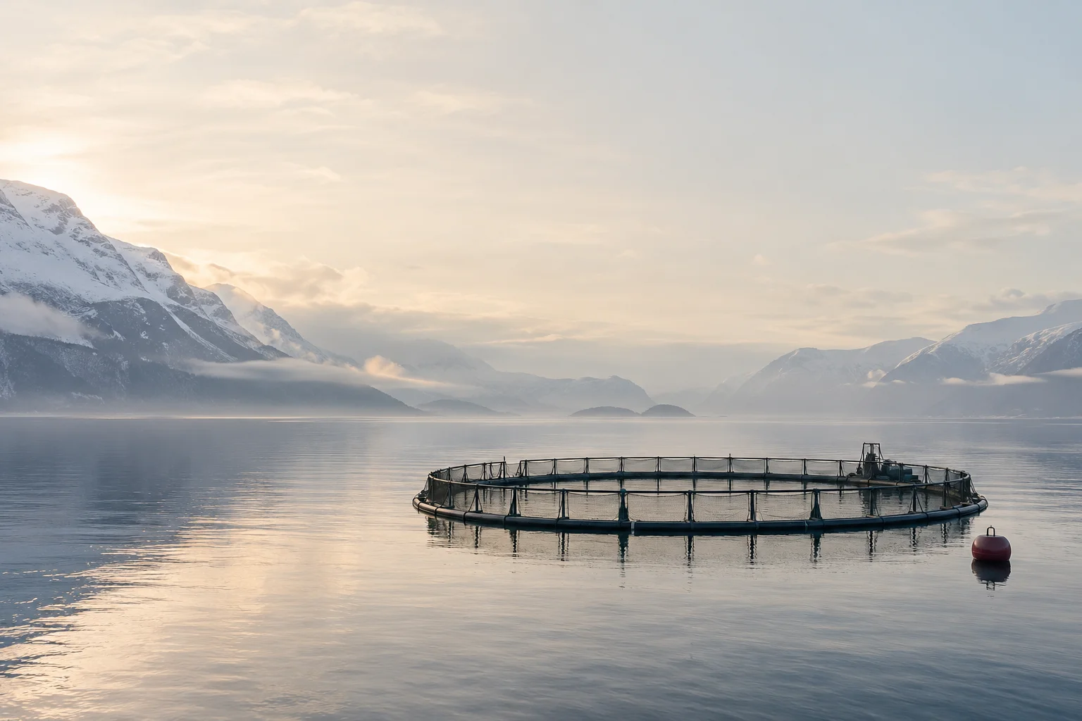 A quiet circular aquaculture pen in a broad still misty fjord, one small burgundy service buoy, huge calm water and pale sky.