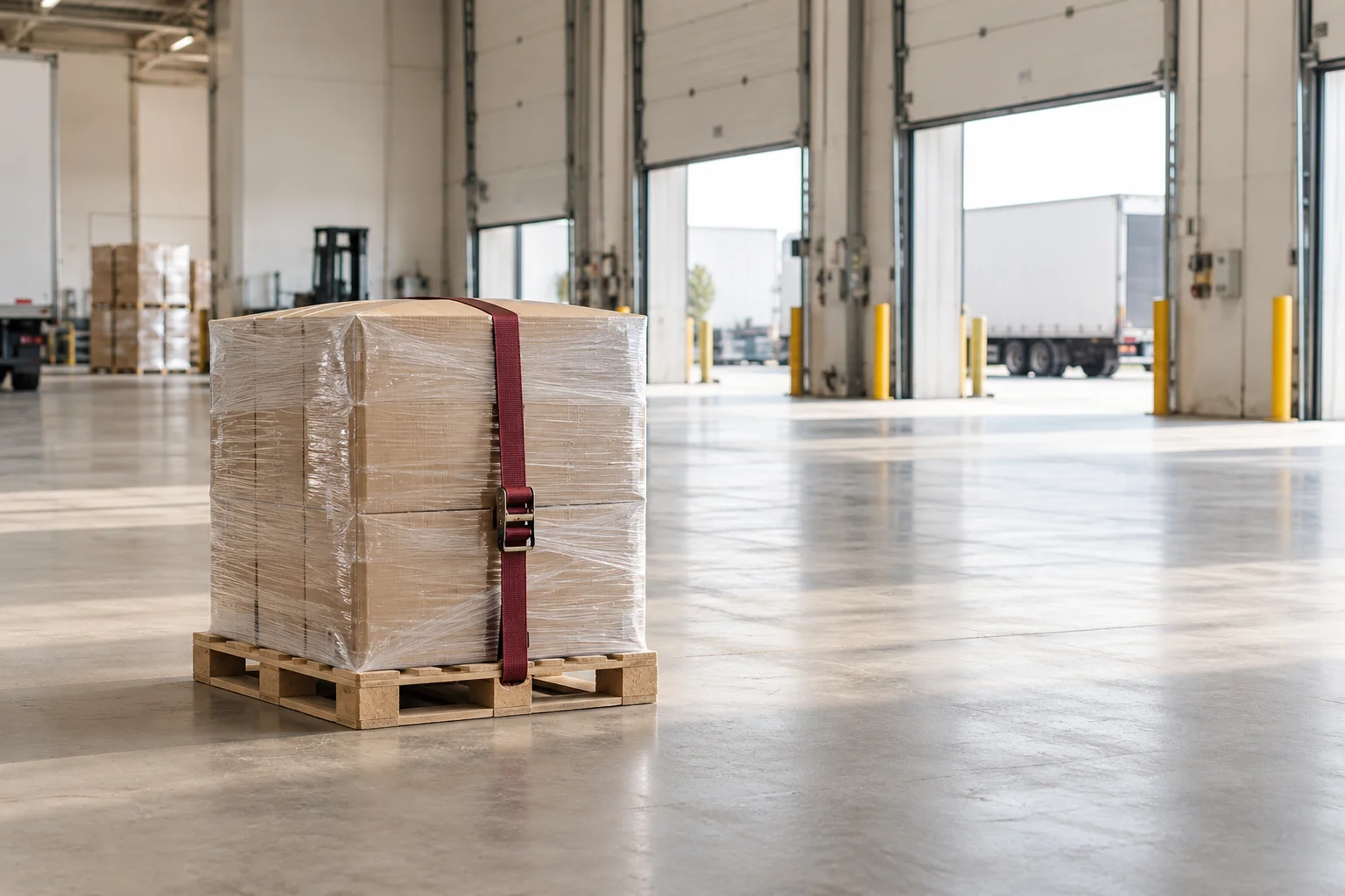 A single neatly wrapped unbranded freight pallet with a burgundy securing strap on a broad pale warehouse dispatch floor, clean orderly loading bay in the distance.