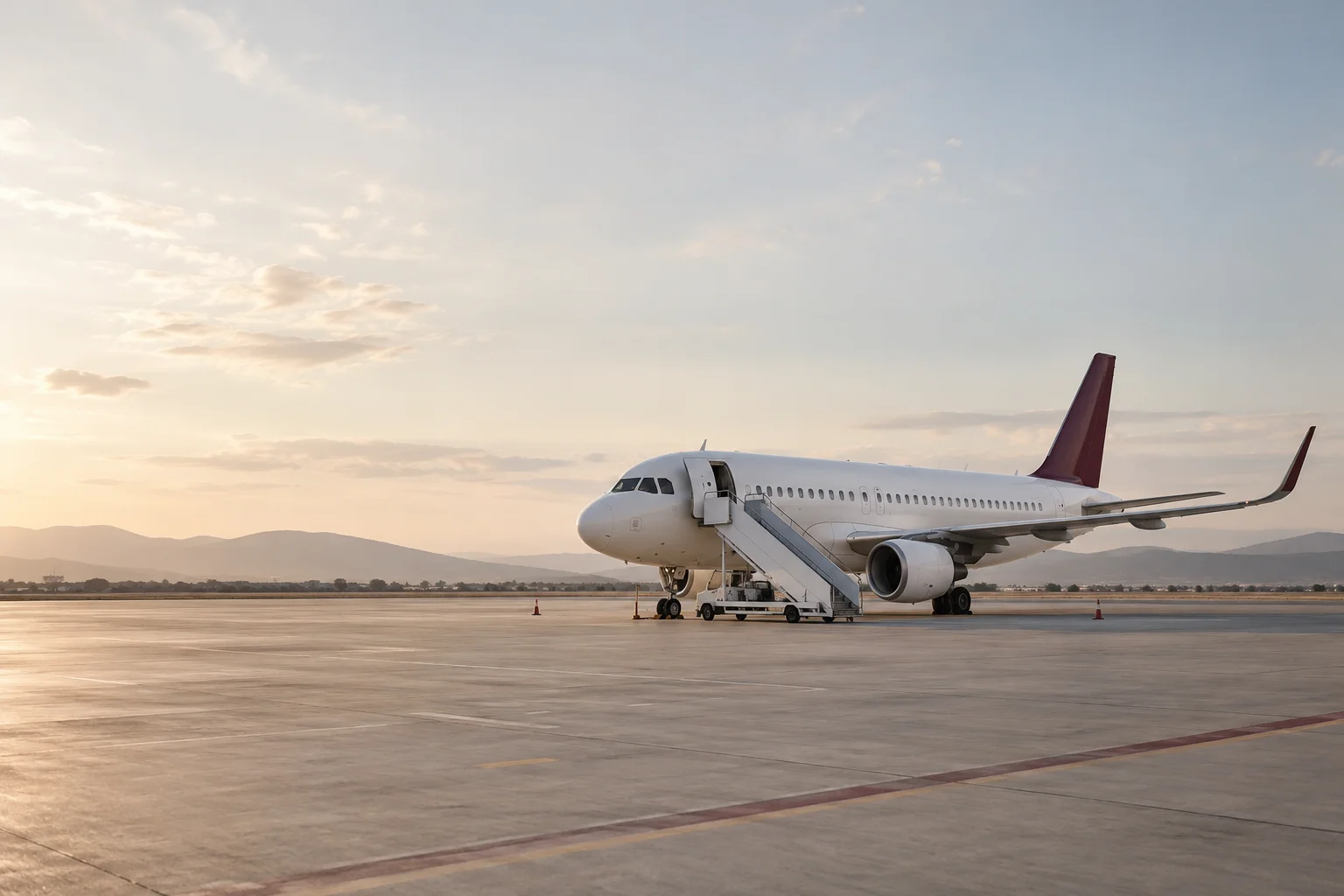 An unbranded narrow-body white aircraft with a restrained burgundy tail at a simple remote airport stand, one neat mobile boarding stair, expansive pale apron and soft sky.