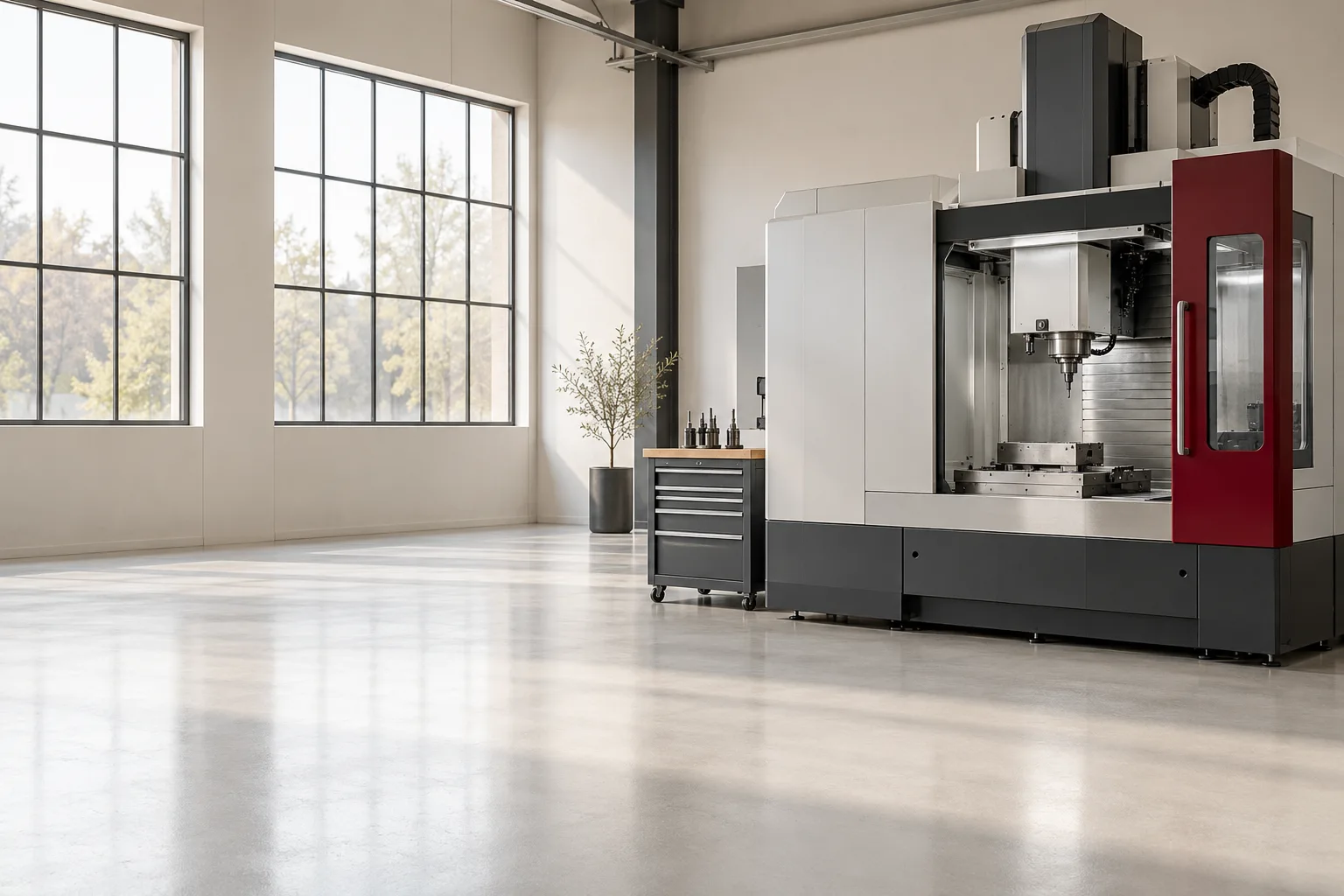 A compact manufacturing workshop with a burgundy machine guard and an open light floor.