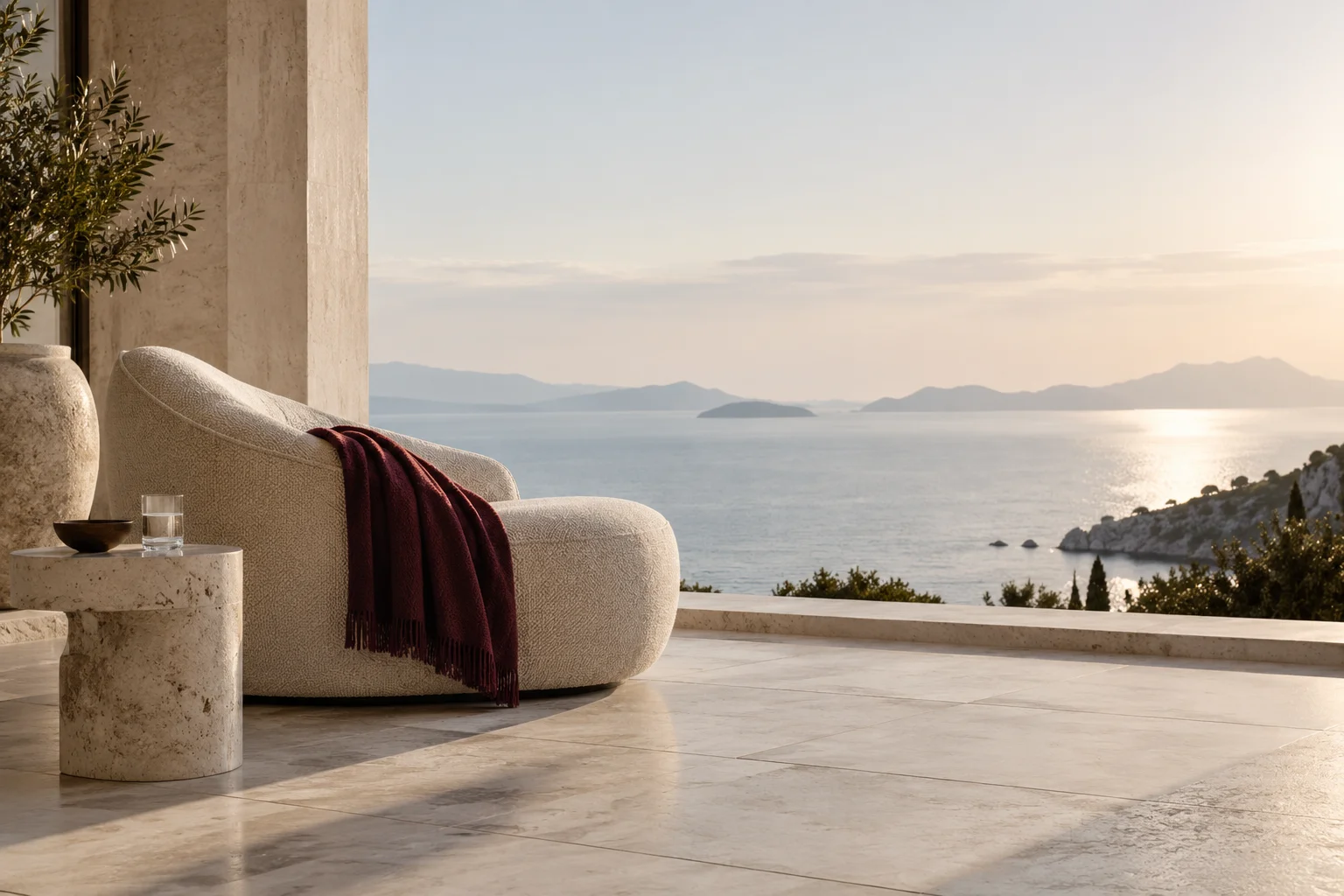 An exceptionally refined pale stone hotel suite terrace overlooking a calm horizon, a single sculptural lounge chair with a subtle burgundy cashmere throw, understated private hospitality.