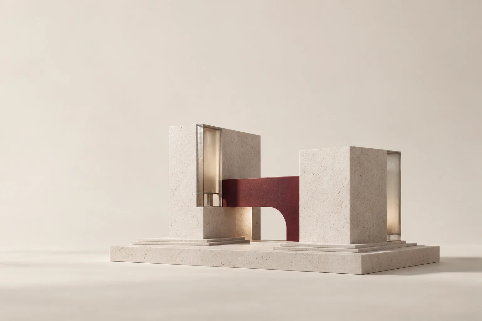 A burgundy connection joins two complementary stone and glass structures.