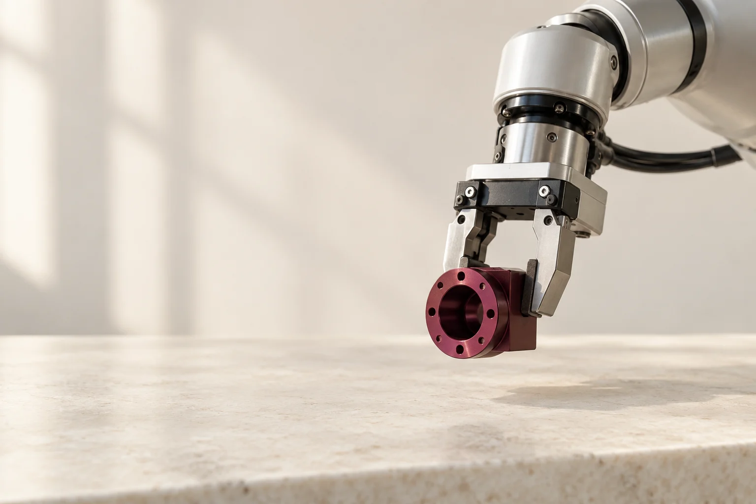 A precision robotic gripper holding a burgundy component above a pale workbench.
