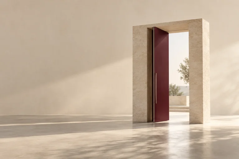 A burgundy pivot door stands open in a freestanding limestone portal.