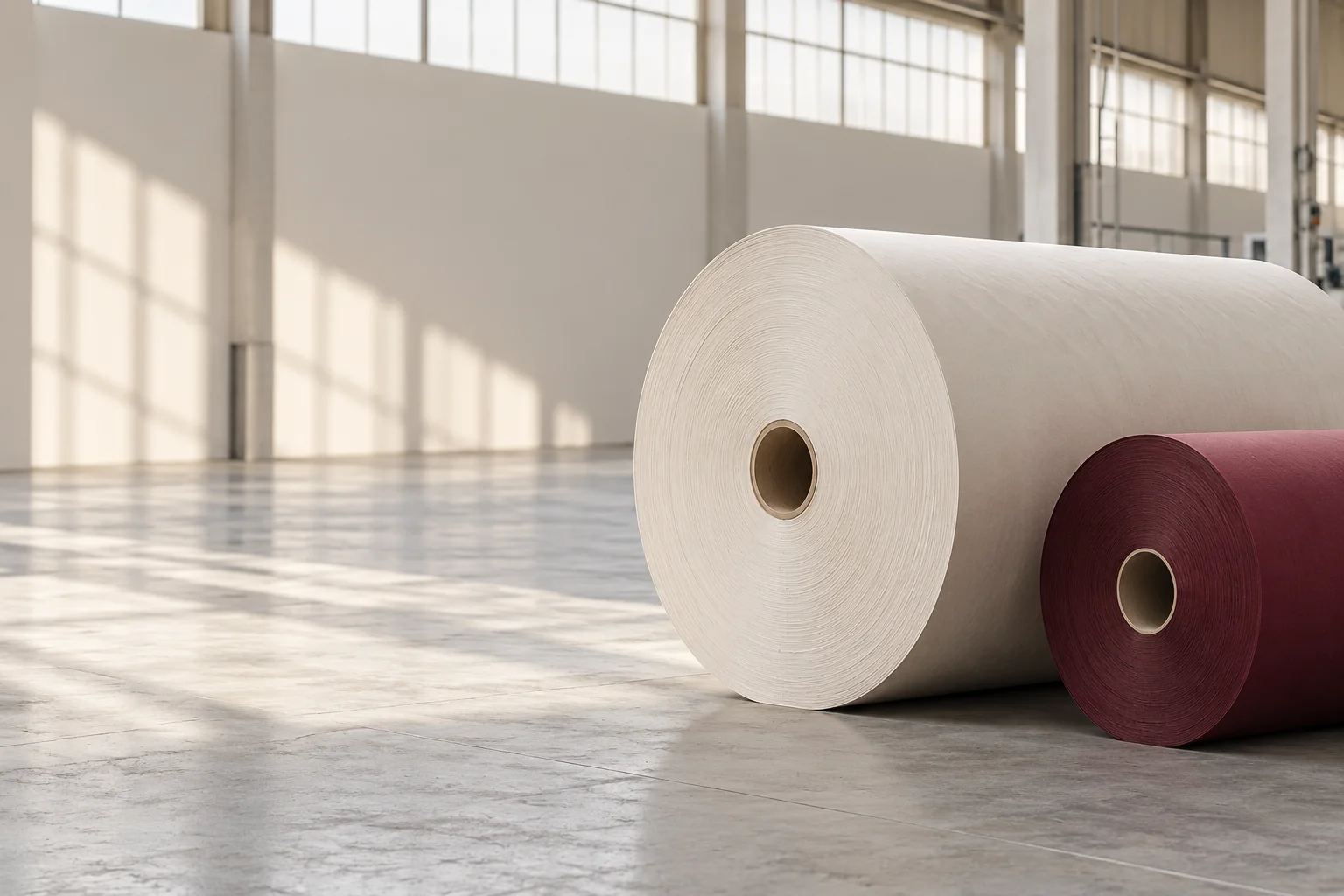Ivory and burgundy paper rolls in a sunlit industrial interior.
