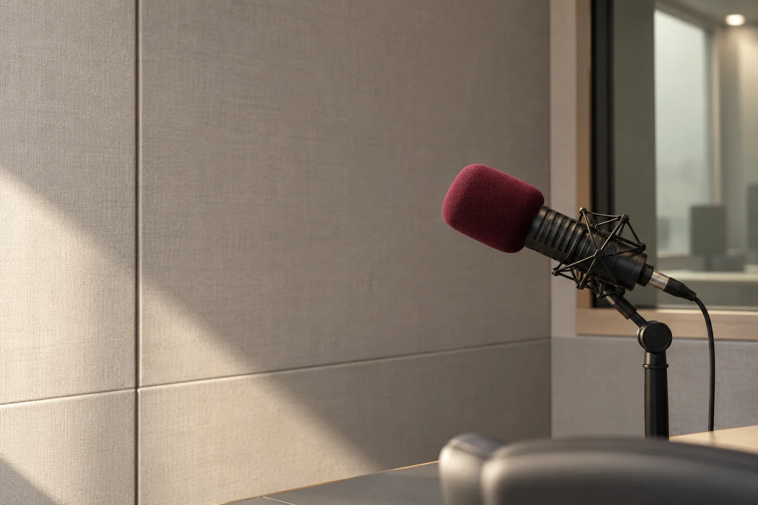 A studio microphone with a burgundy windscreen against a textured acoustic wall.