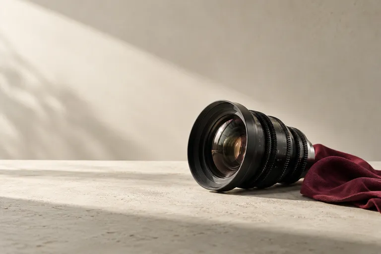 A professional cinema lens on a broad pale studio surface beside a restrained burgundy lens cloth, softly lit neutral studio wall and generous empty space.