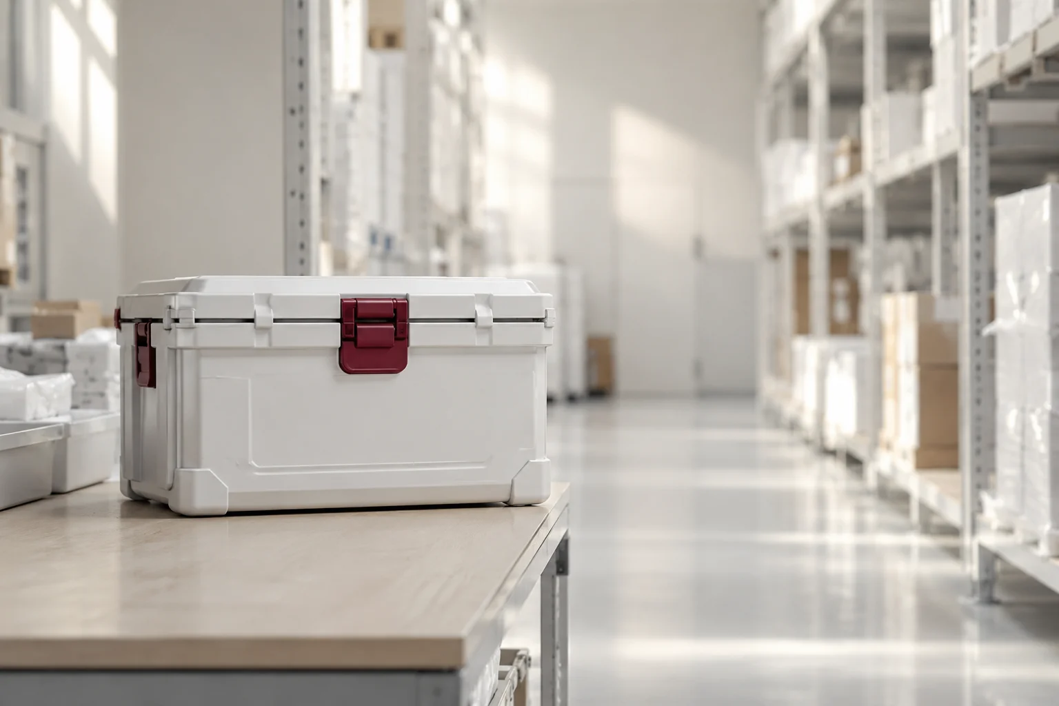 A single clean medical transport container with a burgundy latch on a pale logistics staging bench, a quiet sparse white warehouse aisle softly out of focus.