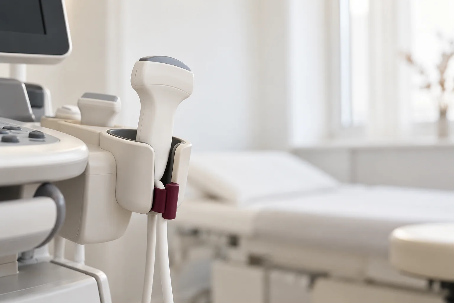 A refined real ultrasound probe resting in its ivory equipment holder, a restrained burgundy cable clip, large soft white clinical background, no screen text.