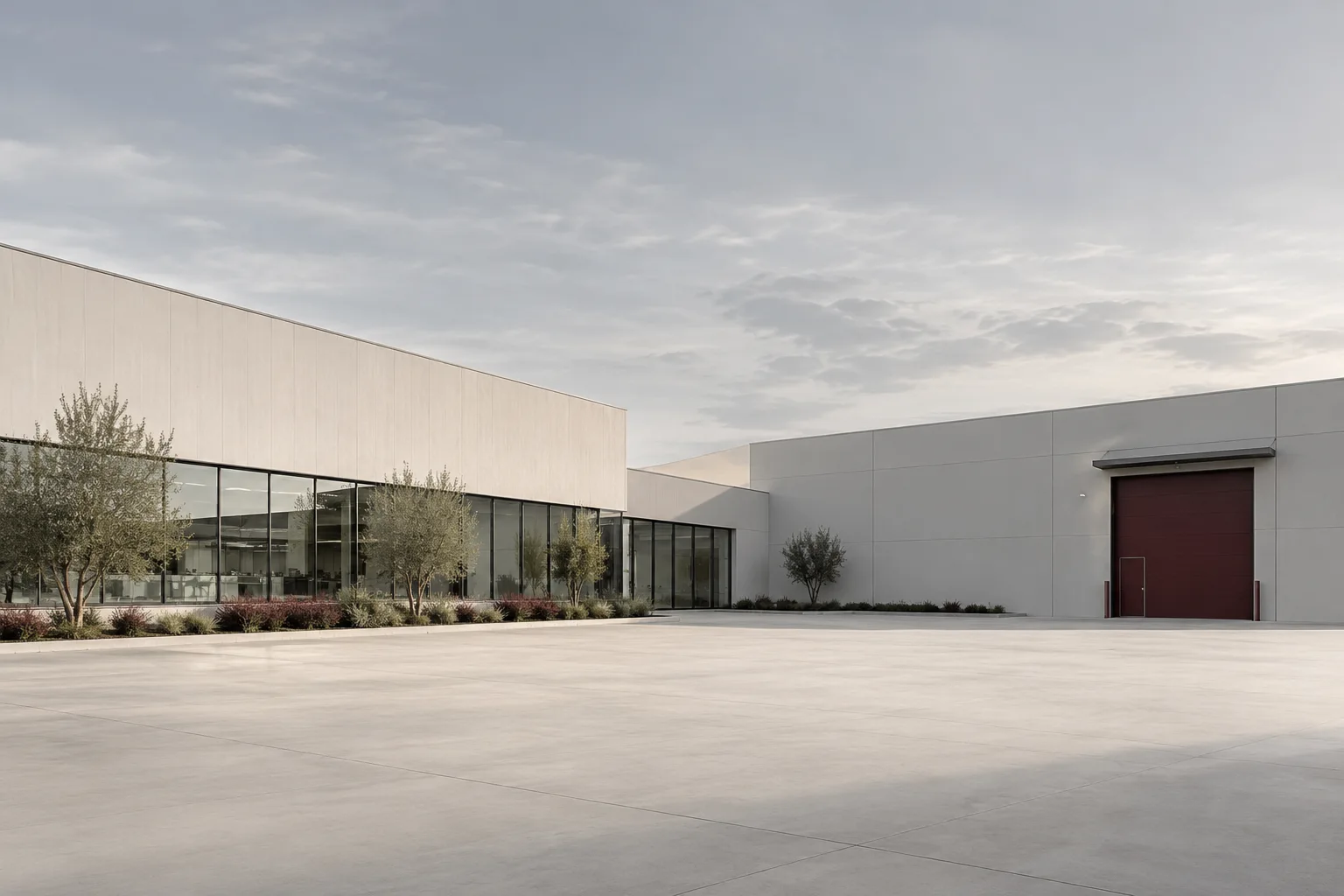 Two connected industrial buildings beside a quiet courtyard with a burgundy loading door.