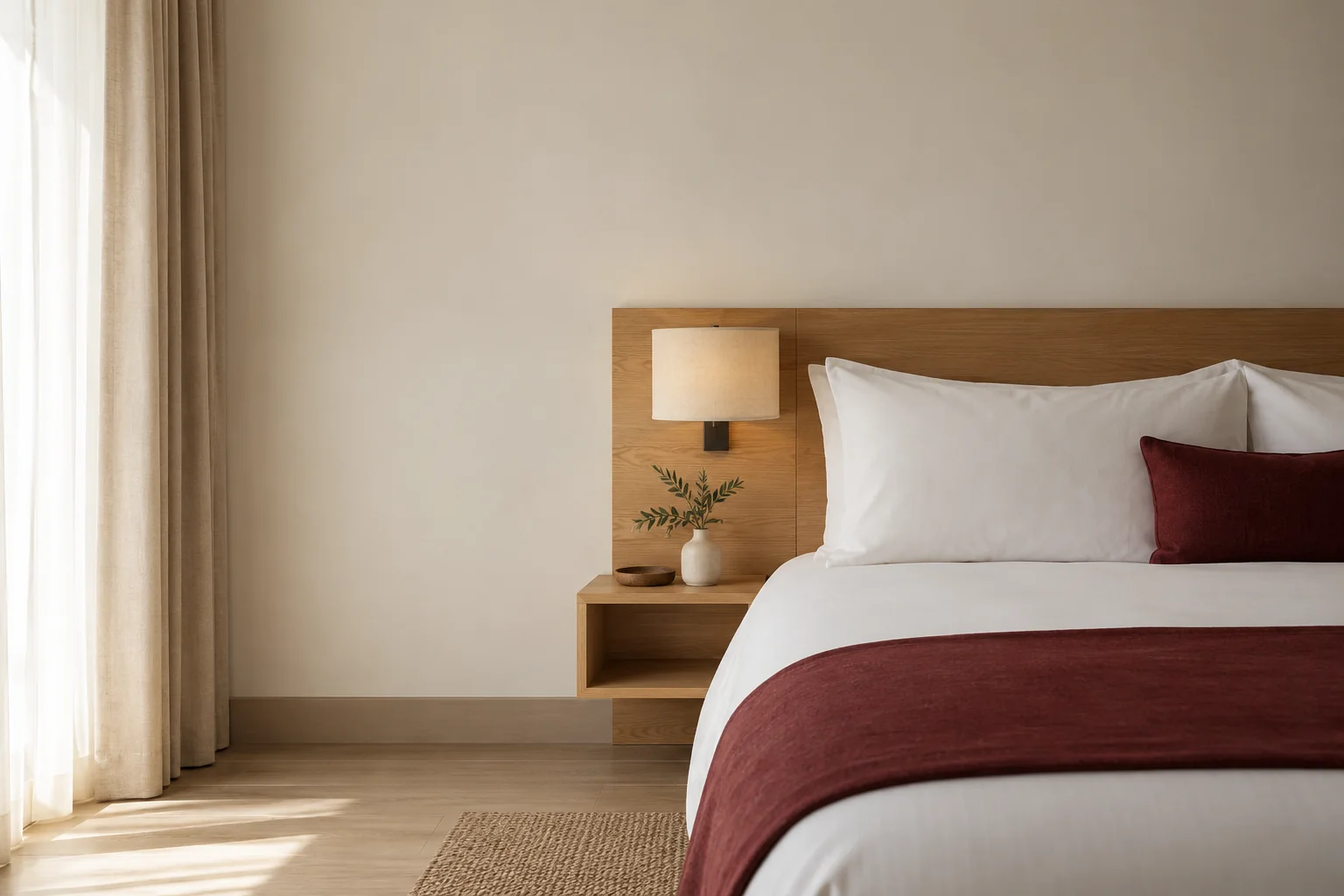 A comfortable straightforward midscale hotel room, neatly made white bed and practical light timber bedside shelf, one folded burgundy runner, honest durable materials, generous calm wall space.