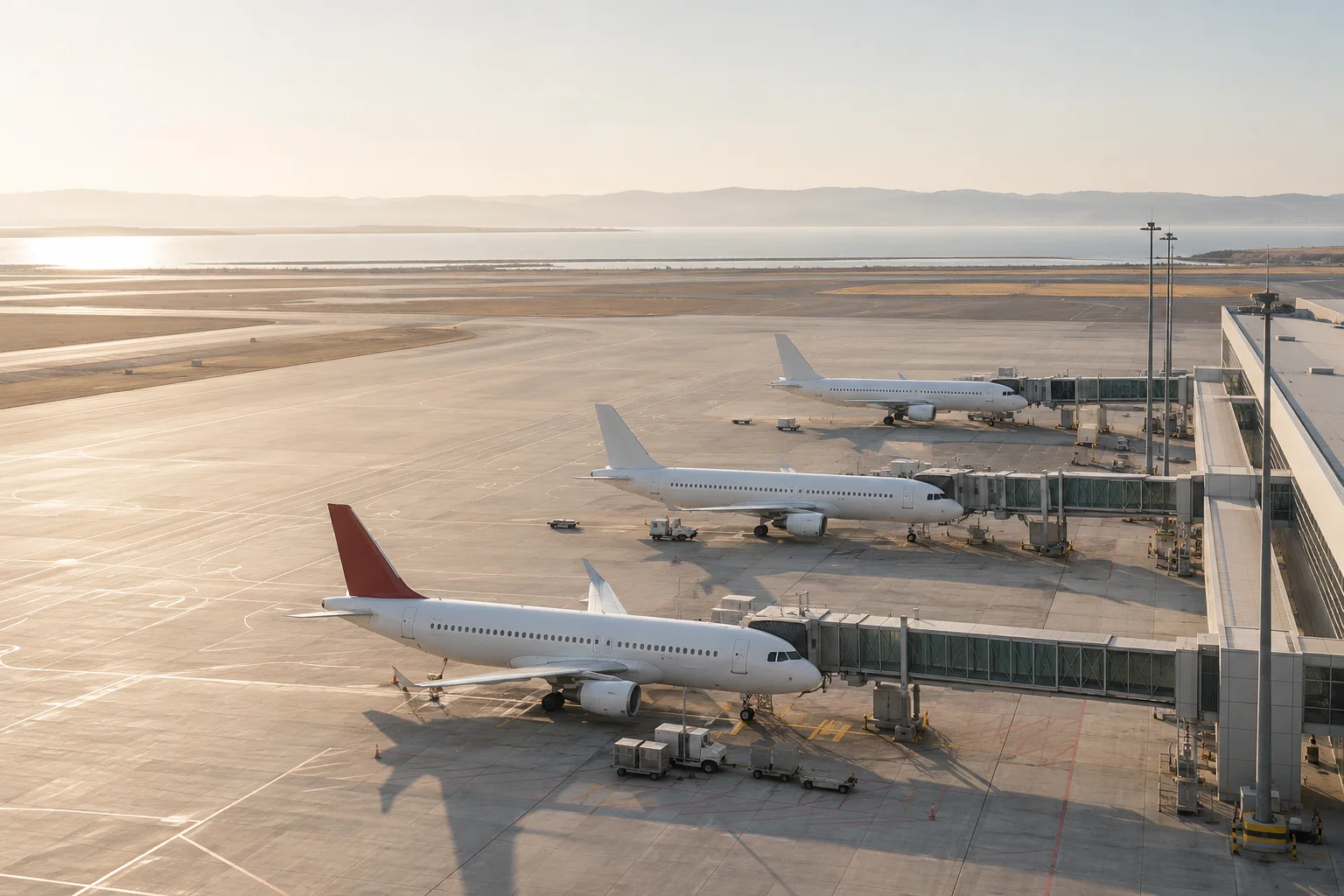 A high architectural view of a calm airport hub pier with three small unbranded white aircraft at separate gates, one muted burgundy tail, vast pale apron and orderly geometry.