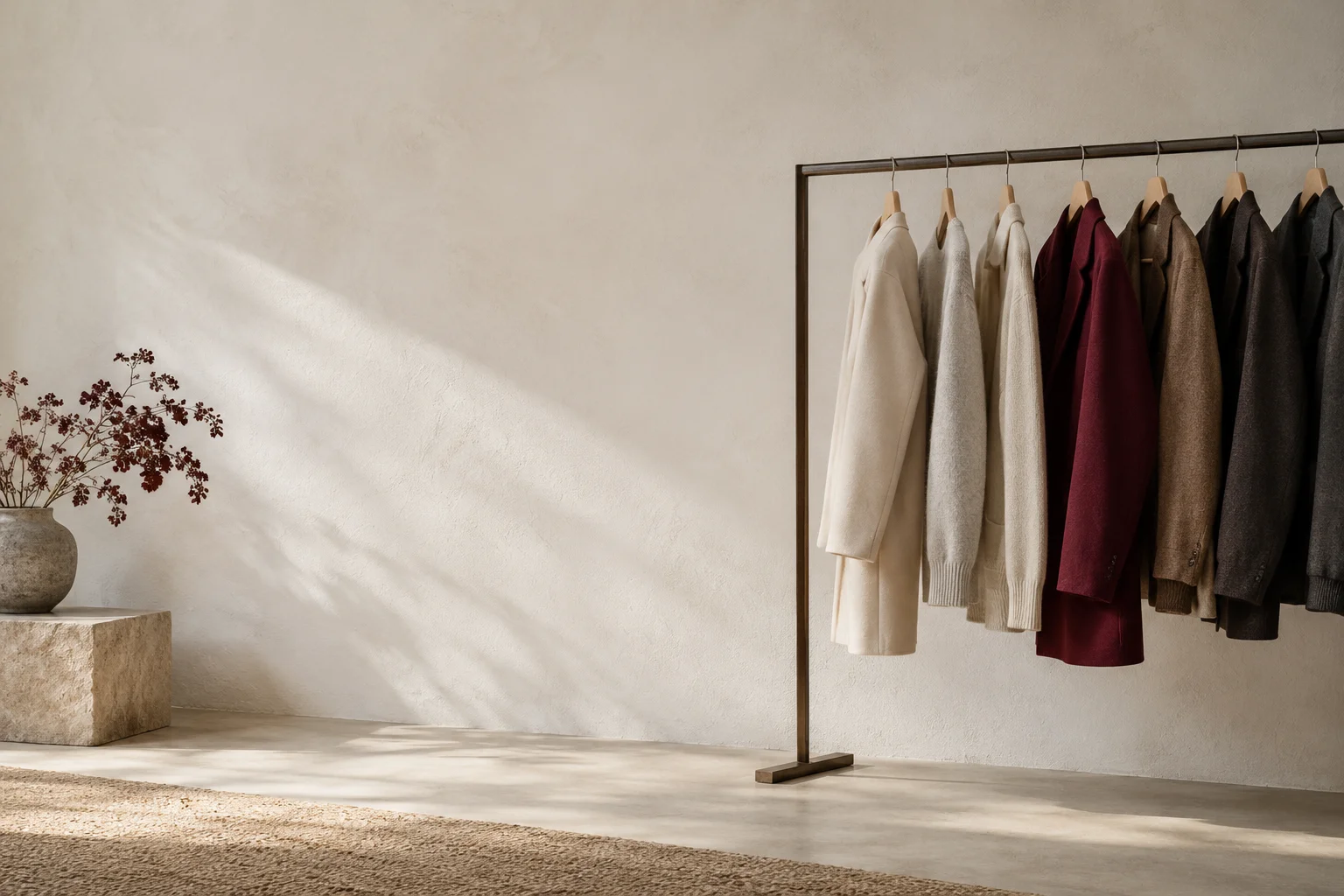A short perfectly spaced rail of neutral well-made garments with one muted burgundy jacket in a clean understated apparel shop, broad blank pale wall, no logos or tags.