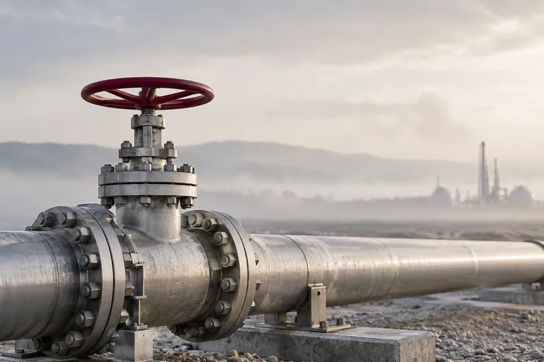 A single restrained oil-and-gas pipeline valve assembly in brushed steel on a pale industrial site, one burgundy valve handwheel, misty empty background, realistic engineering.