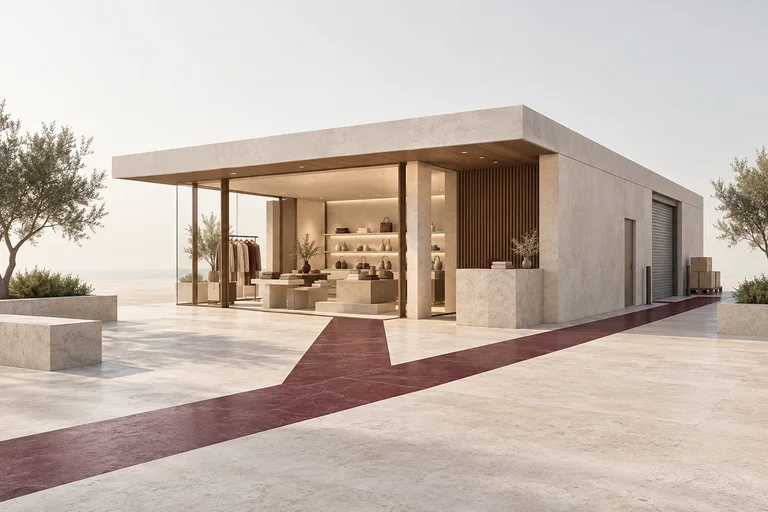 A retail pavilion connecting a shop entrance, collection counter and loading area.