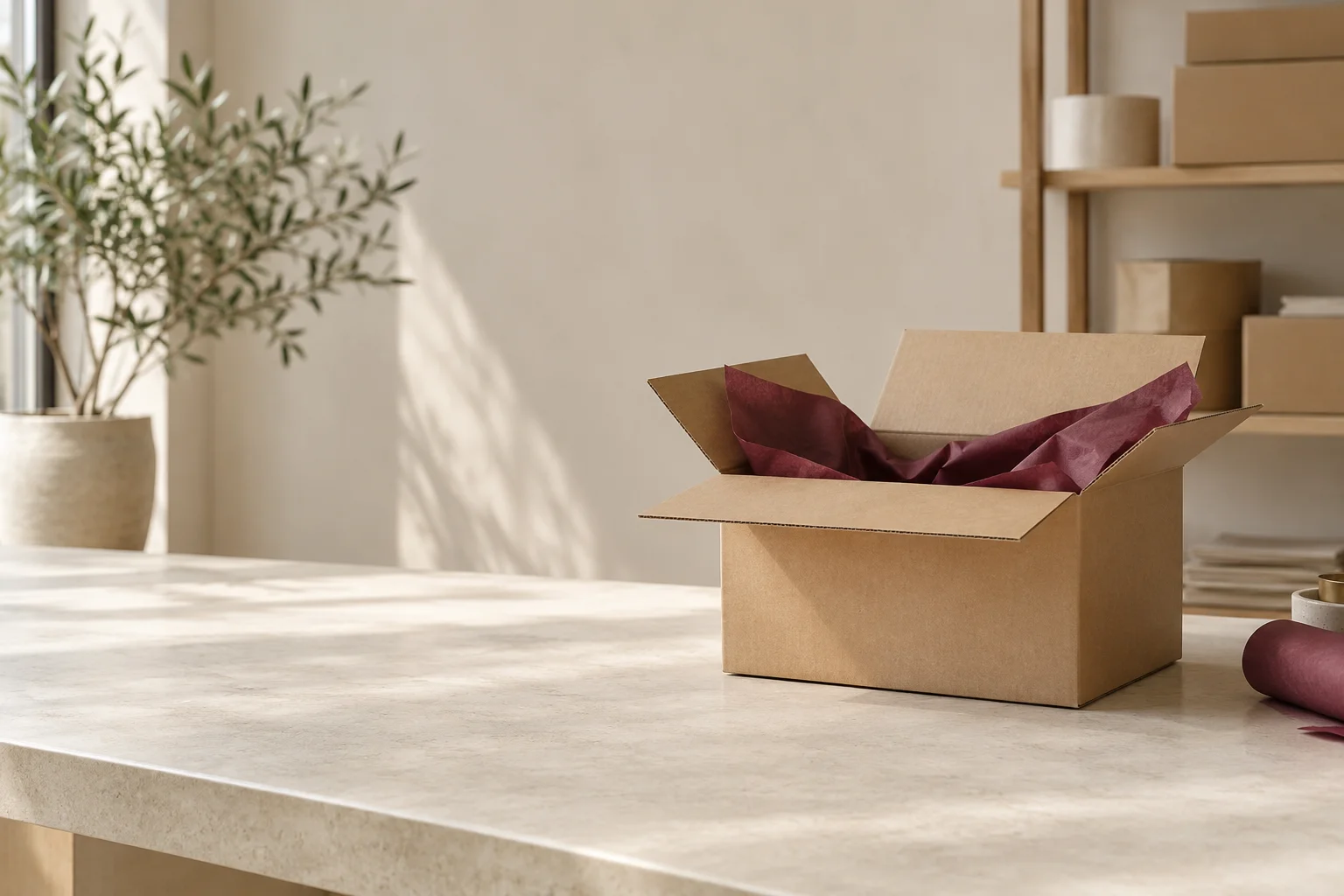 One open immaculate kraft shipping box with folded burgundy tissue paper on a wide pale fulfillment bench, real paper textures and ample empty surface, no labels.