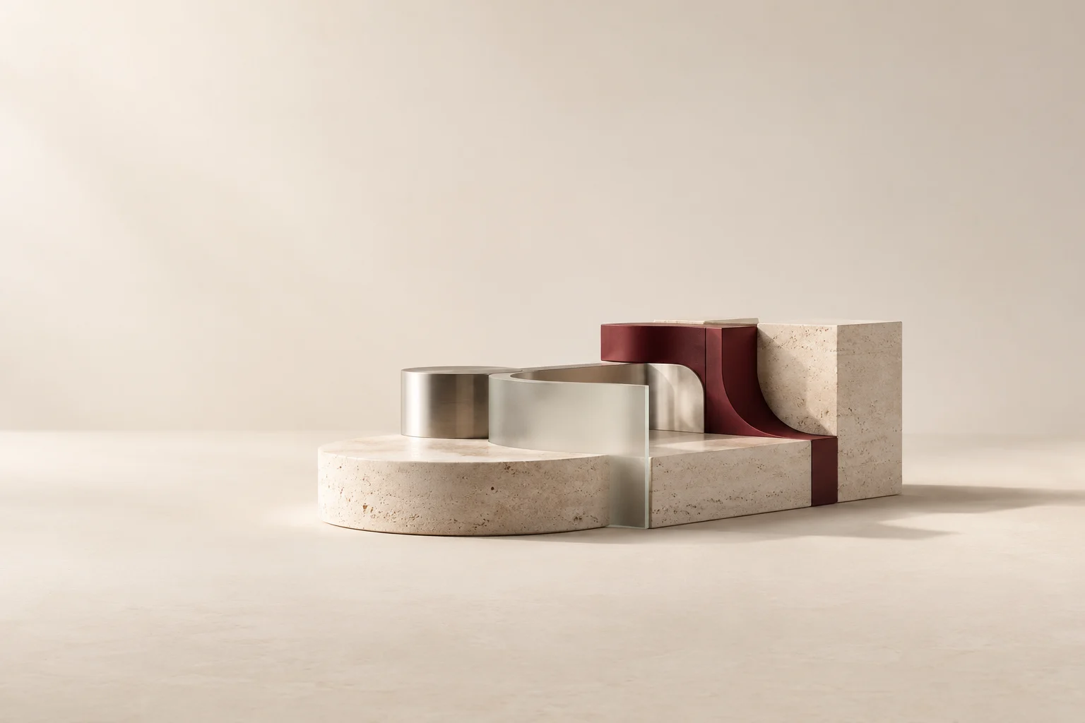 Interlocking stone and metal forms fit around a burgundy curved component.