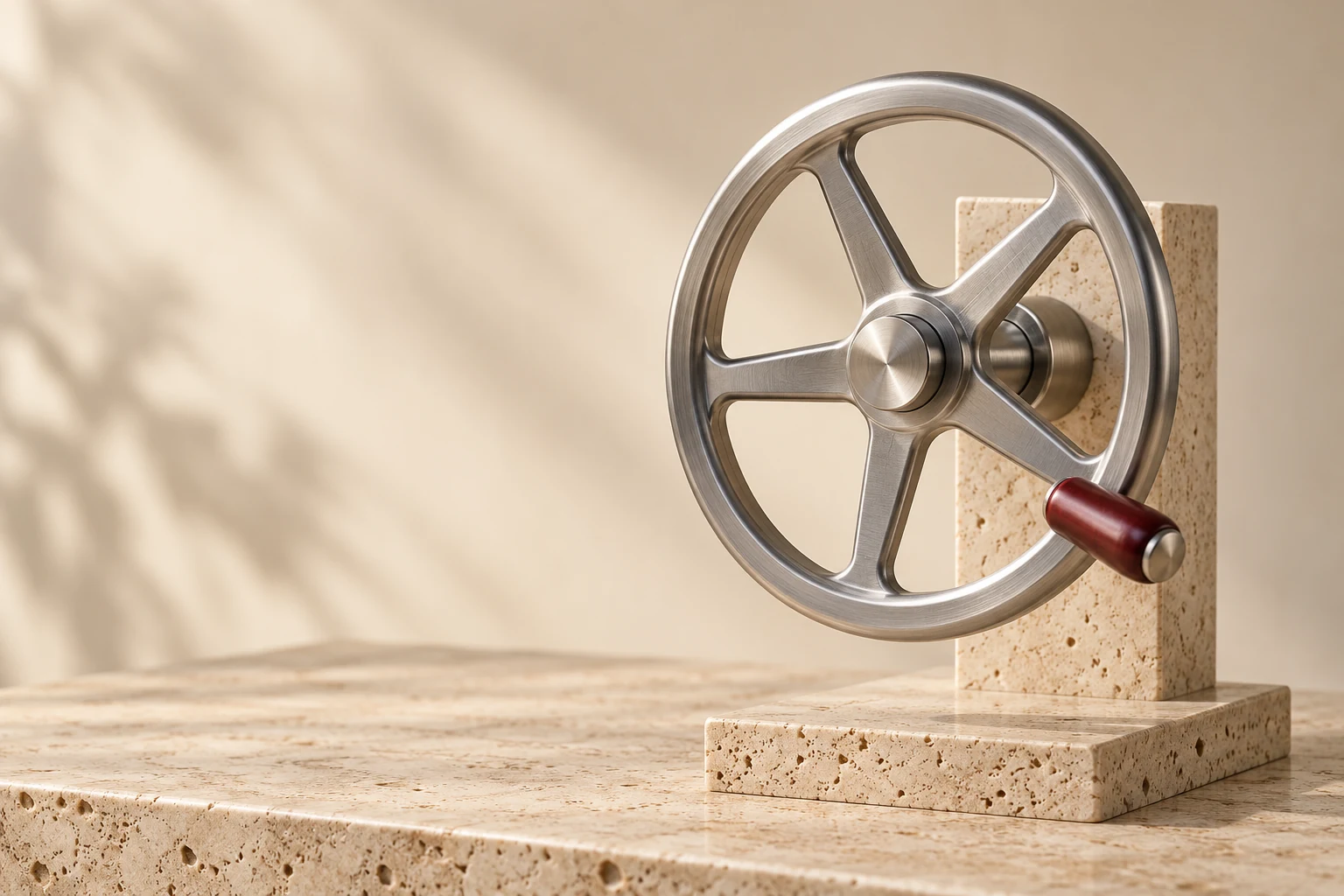A steel handwheel mounted on a bearing pedestal, with a burgundy turning grip.