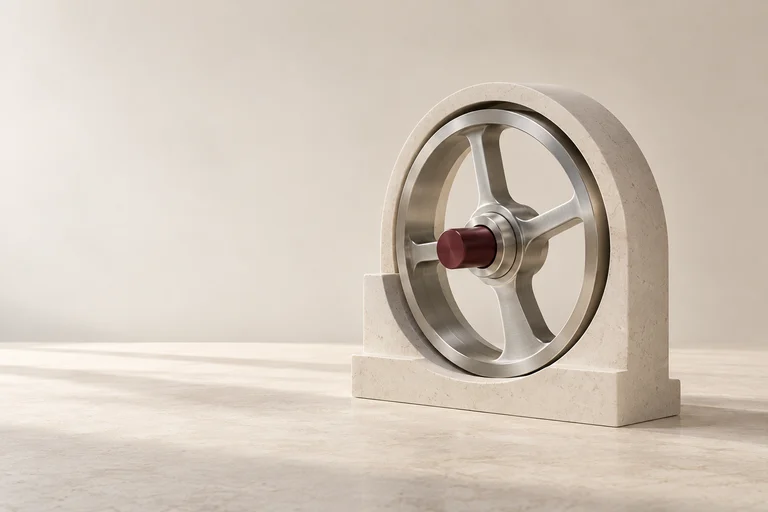 A brushed-metal wheel with a burgundy spindle sits inside a stone frame.