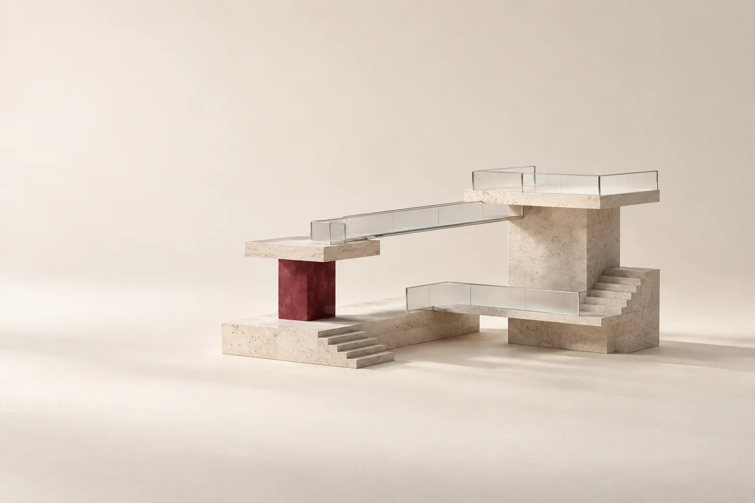 Stone platforms at different heights connect through steps, glass and a burgundy support.