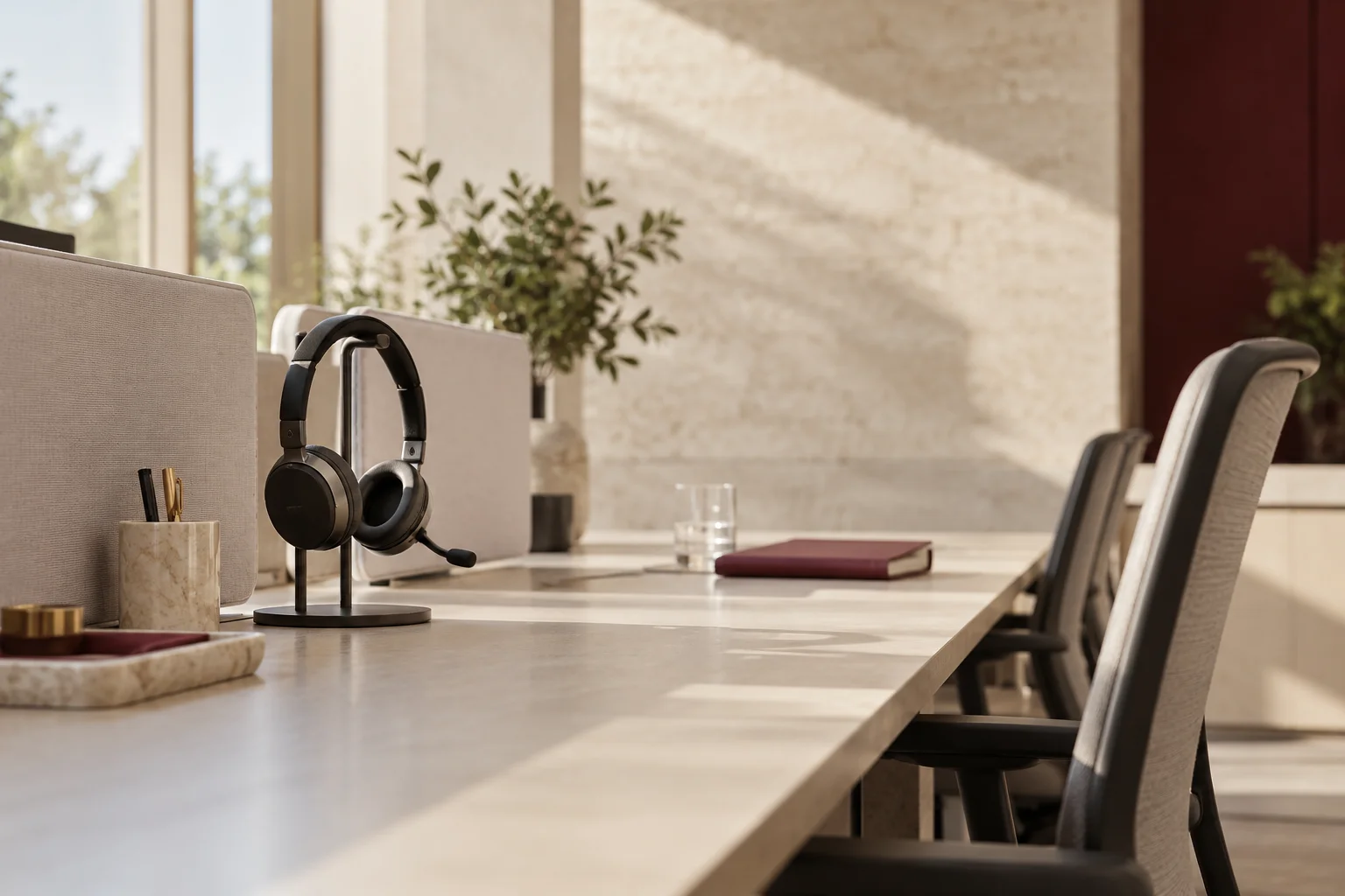 A quiet office operations workstation seen obliquely, one neutral headset on its stand and a burgundy notebook at the far end of a long pale shared desk, no screen text.