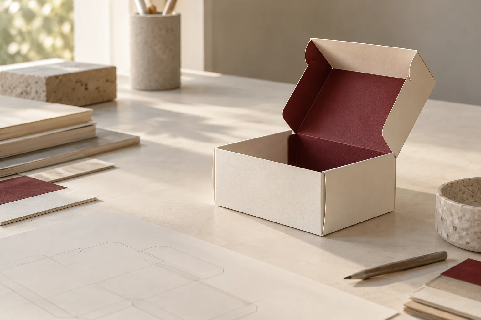 An elegant folded unprinted ivory paperboard carton with a narrow burgundy inner lining on a large pale packaging design table, tactile creases and soft daylight.