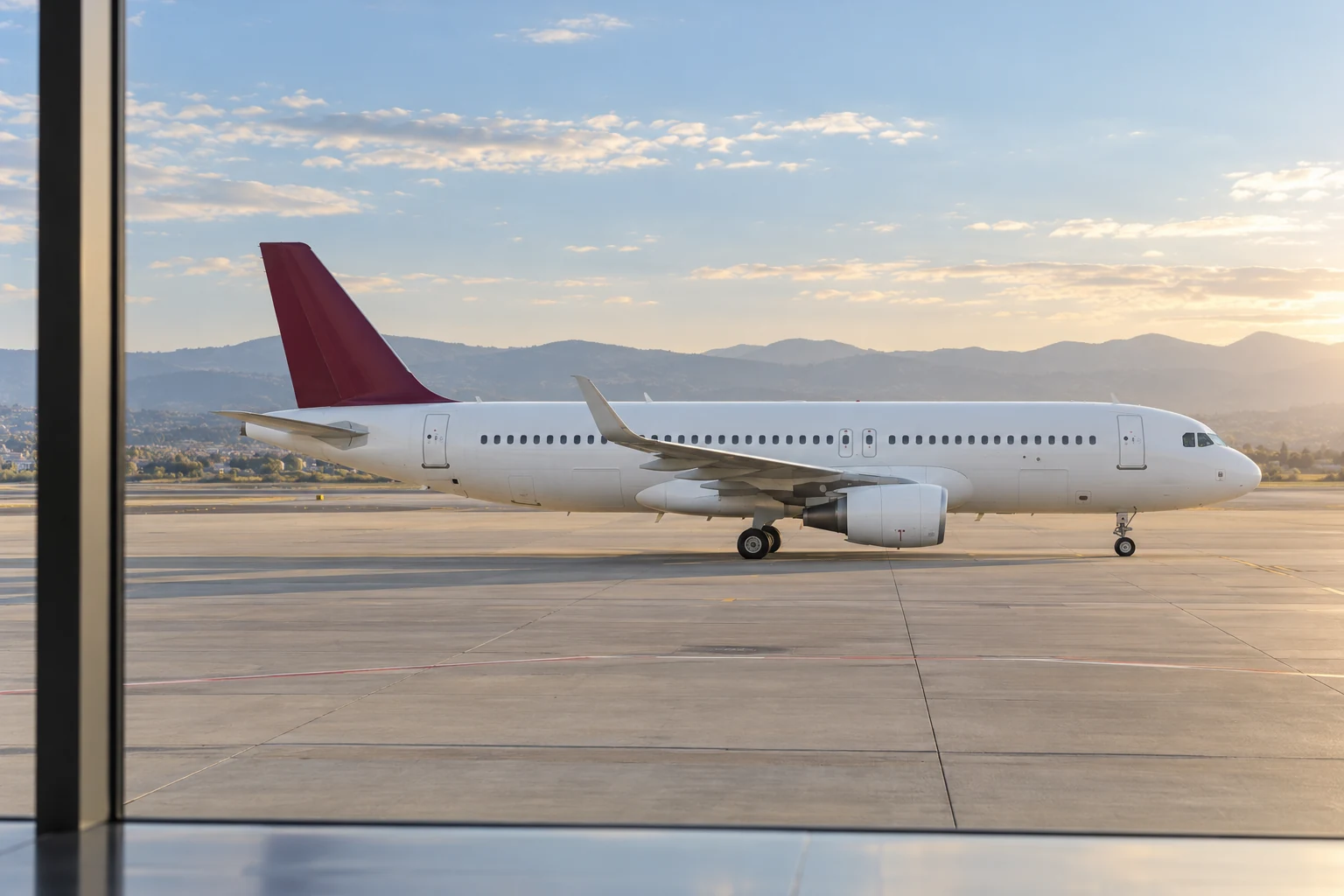 A white passenger airliner with a burgundy tail parked on an apron, viewed through a terminal window.