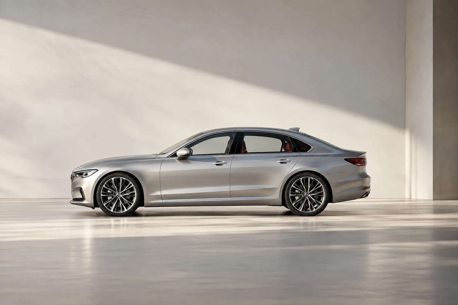 An unbranded sophisticated silver passenger car in side profile on a vast pale automotive studio floor, restrained burgundy leather visible through one side window, realistic proportions.