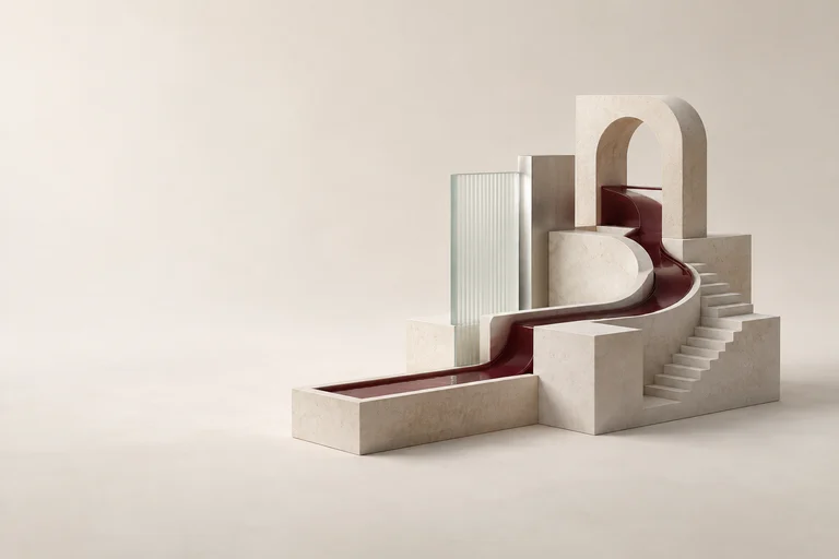 A smooth burgundy channel winds through a pale stone architectural assembly.