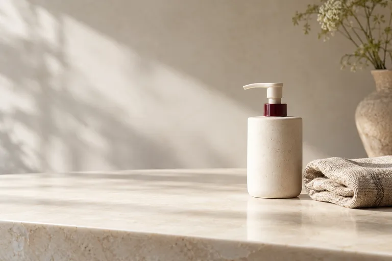 An unbranded ivory soap dispenser with a tiny burgundy pump collar and one folded natural linen cloth on a broad warm-white bathroom-product studio surface.
