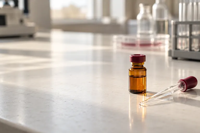 One small amber laboratory vial with a burgundy stopper beside a clear glass pipette on a large pale clean laboratory bench, no labels, meticulous tactile detail.
