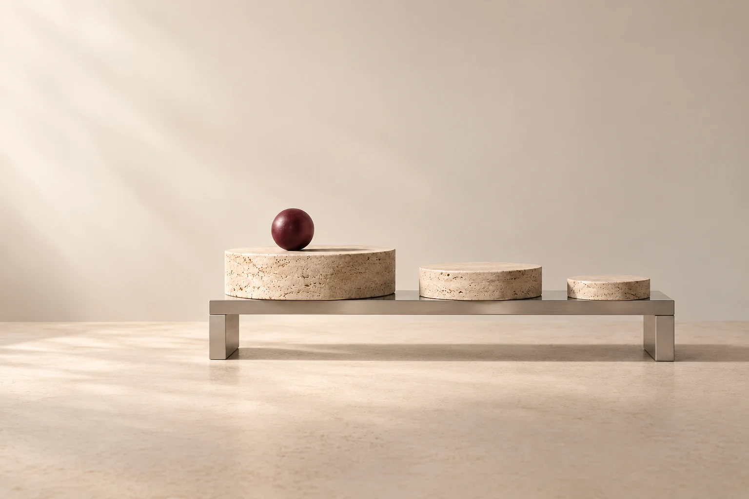 Three graduated stone cylinders and a burgundy sphere on a metal shelf supported at both ends.