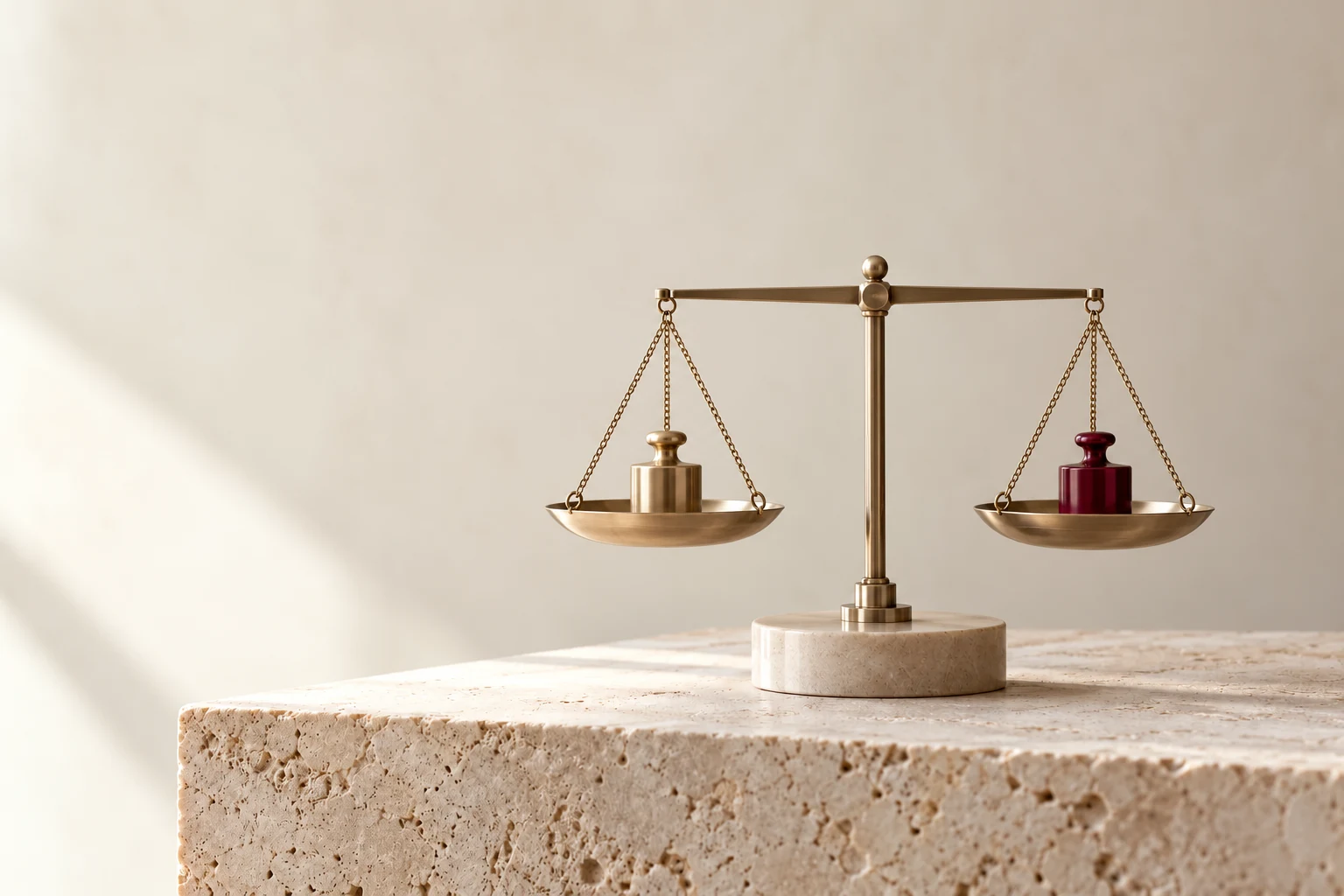 A brass balance with two chain-suspended pans carrying matching brass and burgundy calibration weights.