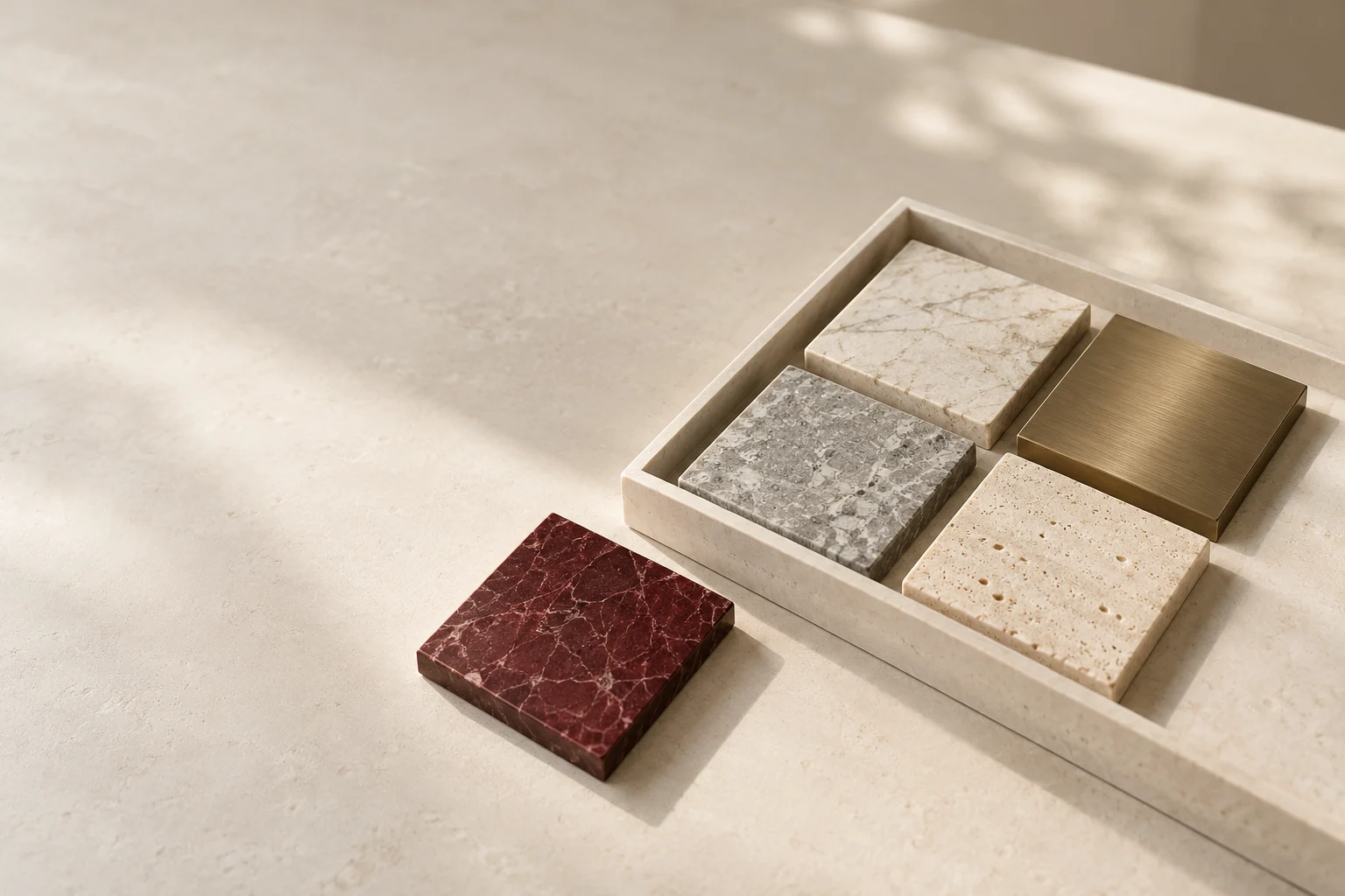 Stone and metal samples arranged in a tray with one burgundy sample selected.