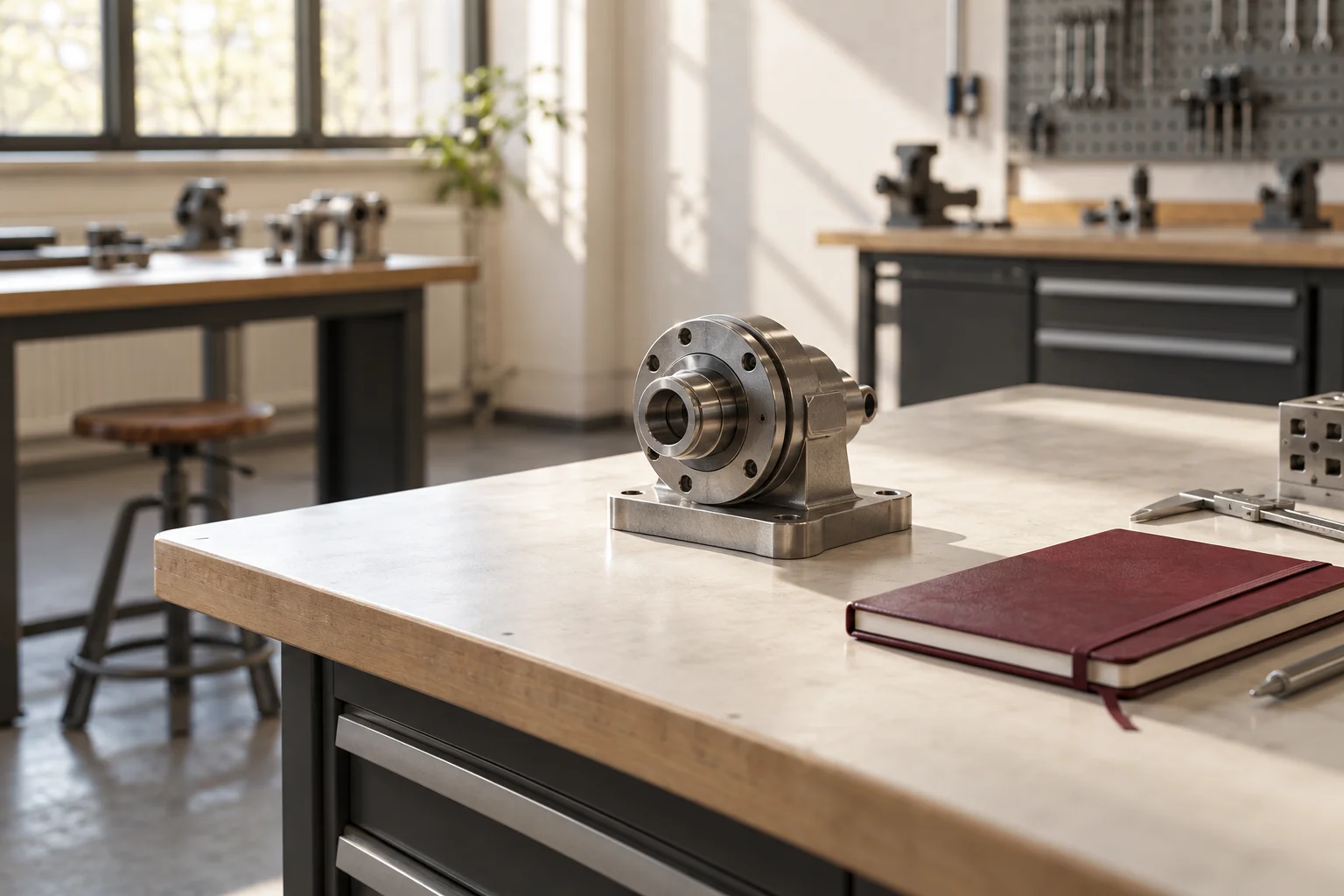 A precision mechanical training component and a burgundy notebook on a pale workshop classroom desk, quiet vocational learning setting, no words or people.