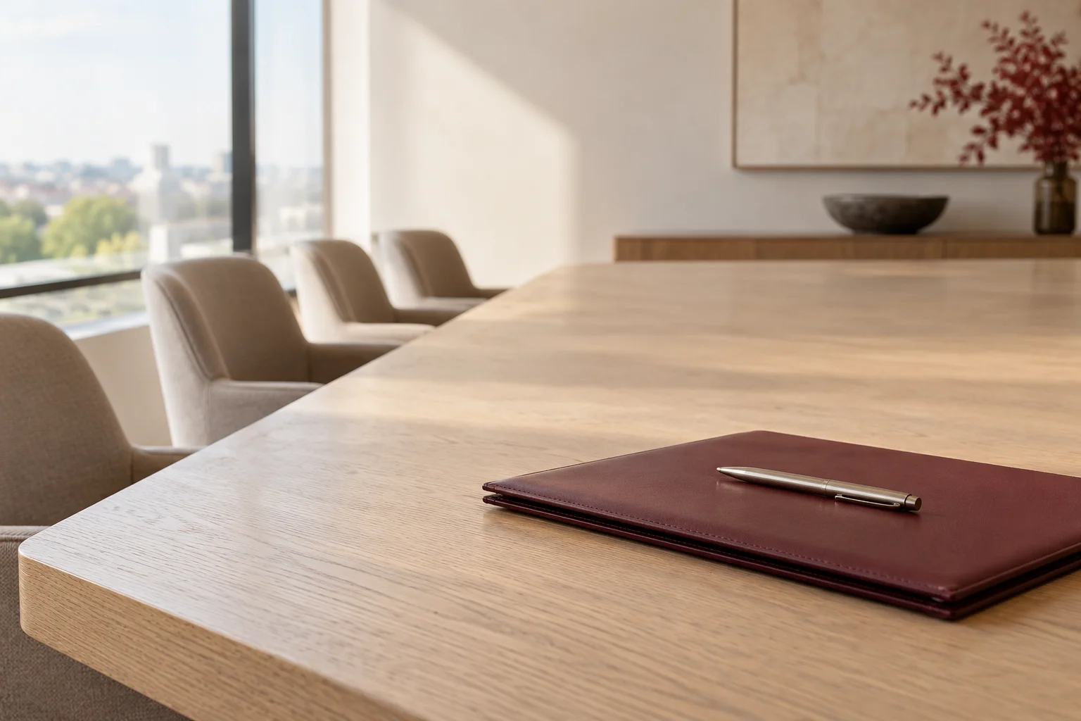 An unmarked burgundy document folio and a slim brushed-metal pen on the corner of a vast pale oak conference table in a restrained professional office.