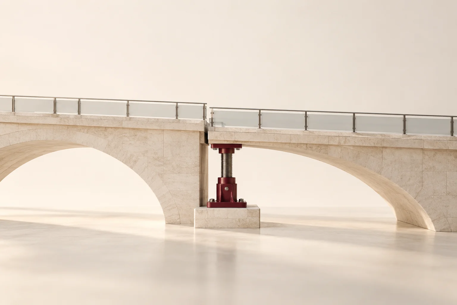 A burgundy support jack aligns the center of a pale stone bridge.
