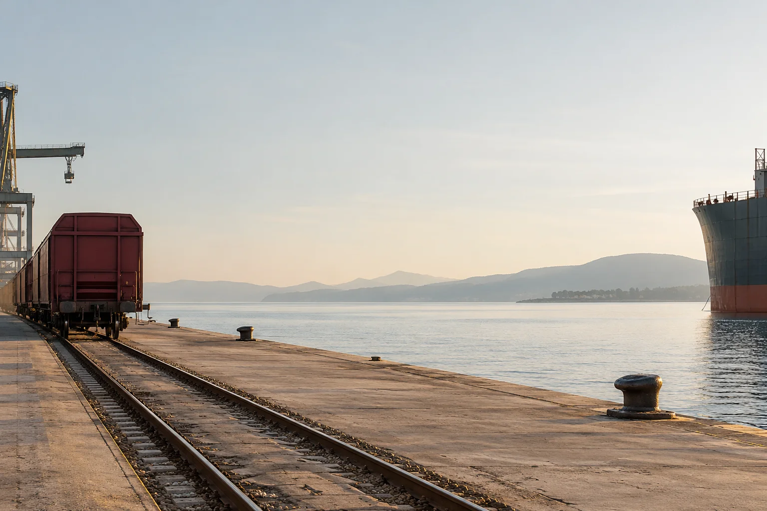 An understated freight rail line alongside a quiet pale port quay, one distant burgundy freight wagon and the minimal hull edge of an unbranded cargo ship, expansive soft water and concrete.