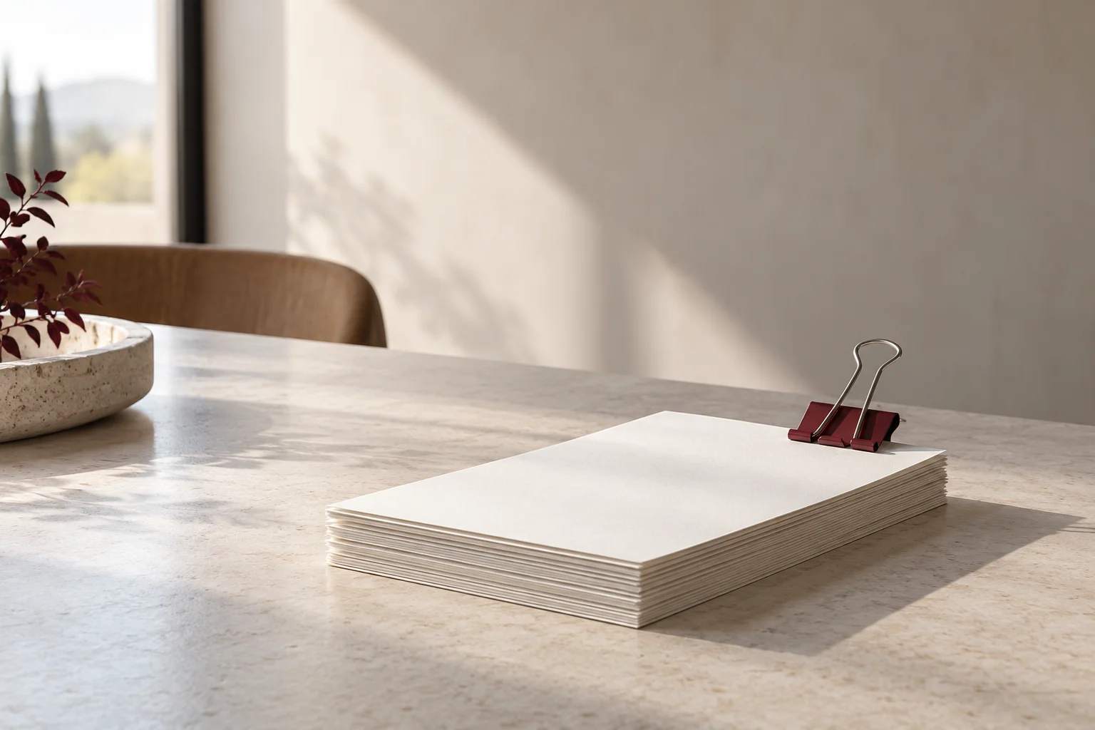 A precise stack of small unmarked ivory invoice-sized sheets held by a single burgundy binder clip on a broad pale desk, soft side light, no visible writing.